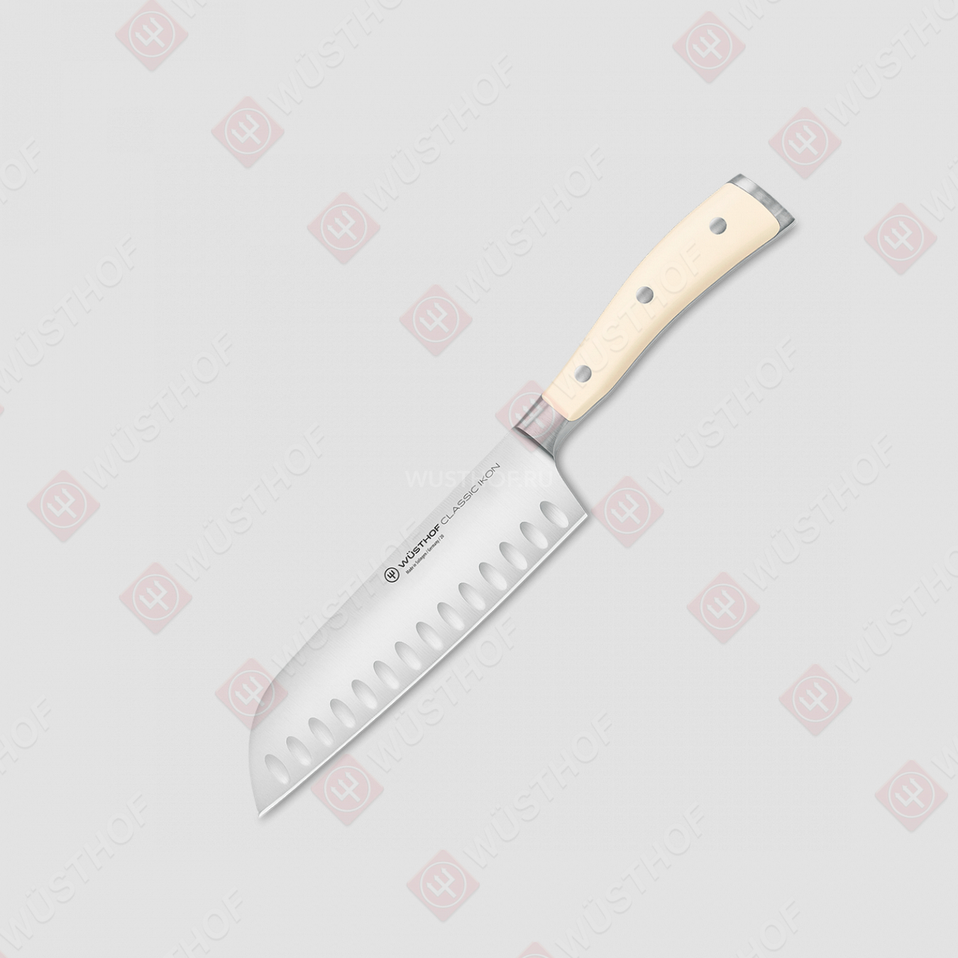 Нож кухонный Сантоку 17 см, с углублениями на кромке, серия Ikon Cream White, WUESTHOF, Золинген, Германия