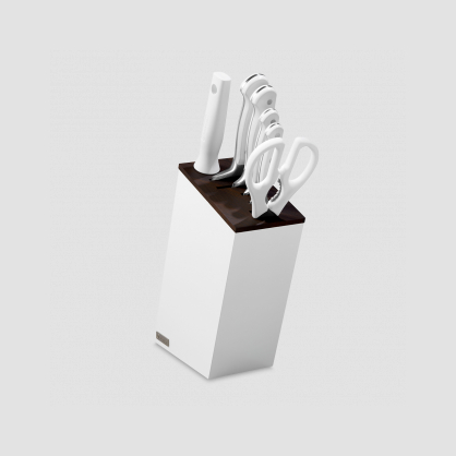 Набор из 4-х кухонных ножей в дизайнерской подставке + ножницы и мусат, серия White Classic, WUESTHOF, Золинген, Германия, Classic White