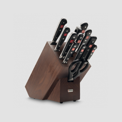 Набор ножей, 9 штук + ножницы + вилка + мусат в темной деревянной подставке, серия Classic, WUESTHOF, Золинген, Германия, Наборы ножей с подставкой