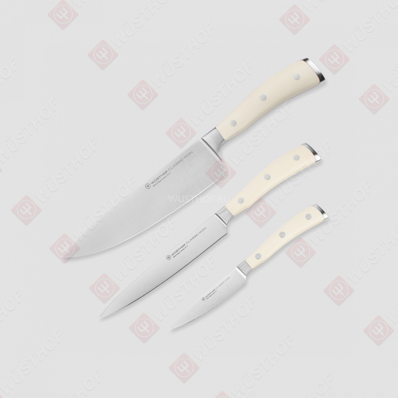 Набор из 3-х кухонных ножей поварская тройка, серия Ikon Cream White, WUESTHOF, Германия