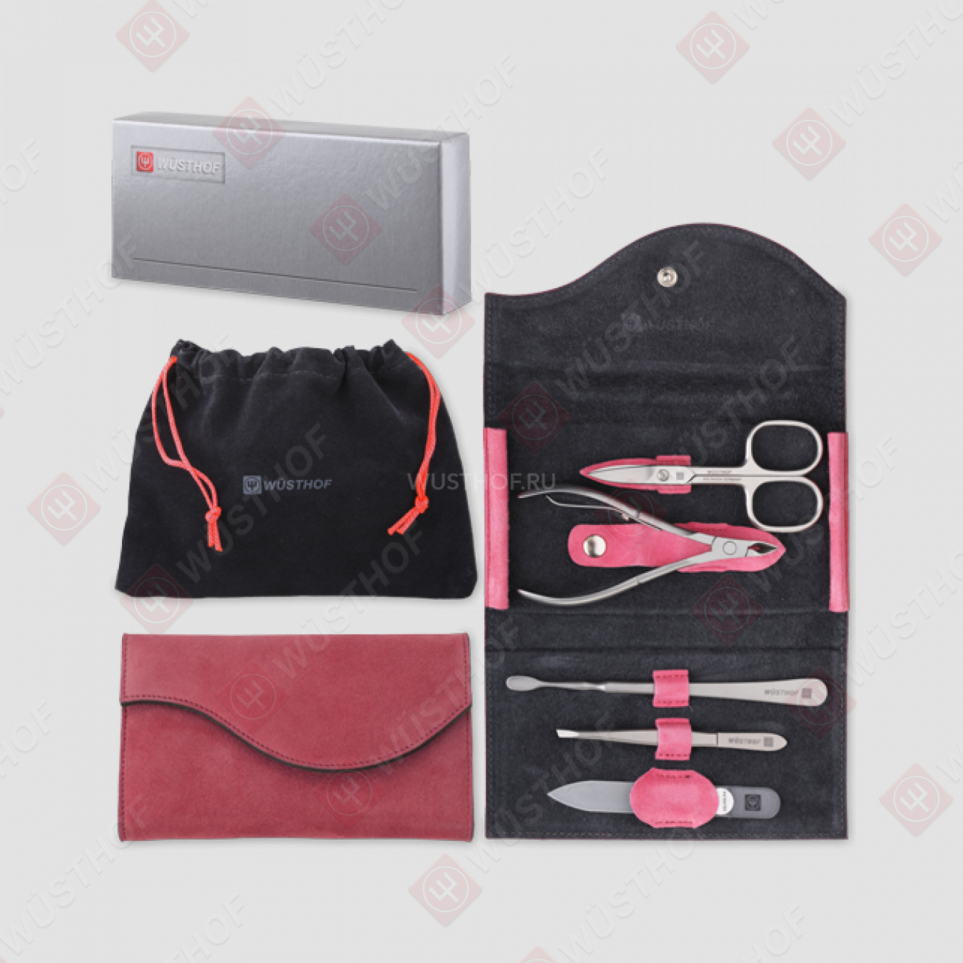 Набор маникюрный 5 предметов в кожаном футляре, цвет розовый, сатин, серия Manicure sets, WUESTHOF, Германия